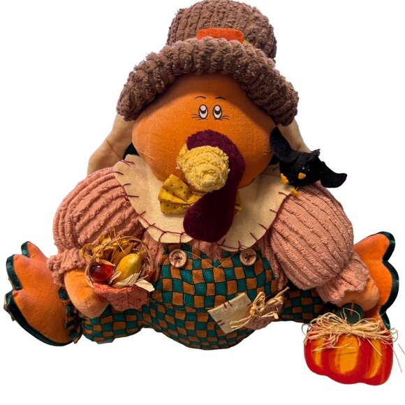 VTG Stuffed Thanksgiving Turkey Sitter in Overalls Holding Pumpkin Basket Crow - Picture 1 of 16